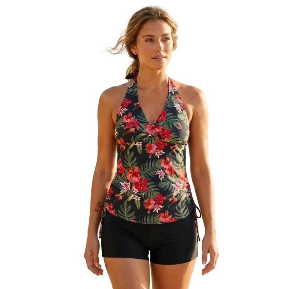 Womens Size‎ L Tropical Floral Printed Tankini w Boyshorts Halter Swim Set